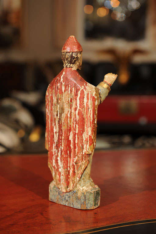 19th Century Colonial Carved Wood and Polychrome Figure of a Bishop For Sale