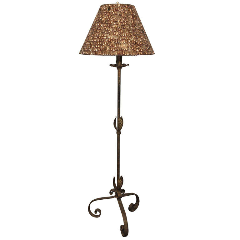 Iron floor lamp with custom made pheasant feather shade, c. 1920 For Sale