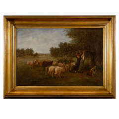 Painting of Young Girls Feeding Sheep