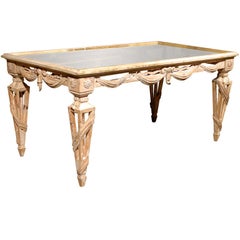 Italian Mirrored Top Ornate Bleached Wood Coffee Table with Swags, circa 1920