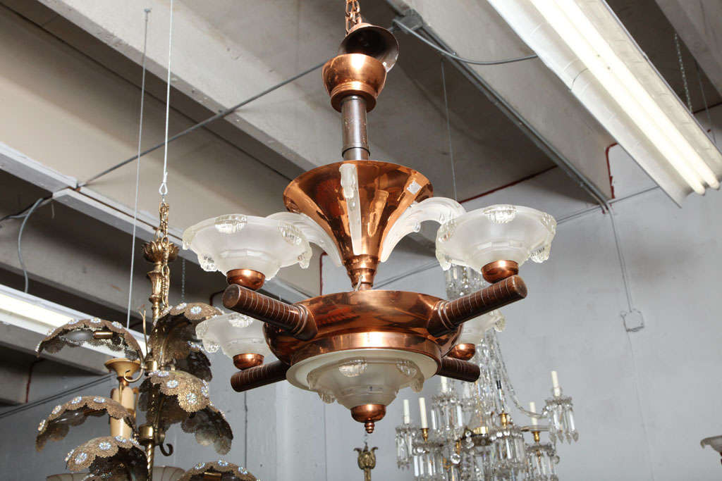 Pair French Art Deco "Ezan" 6 Light Chandeliers