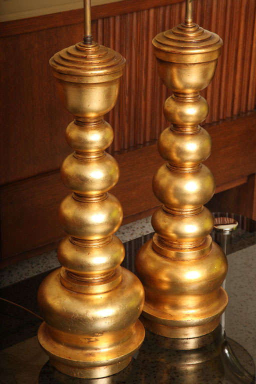 Tall James Mont Gold Leaf Table Lamps In Excellent Condition In Miami, FL