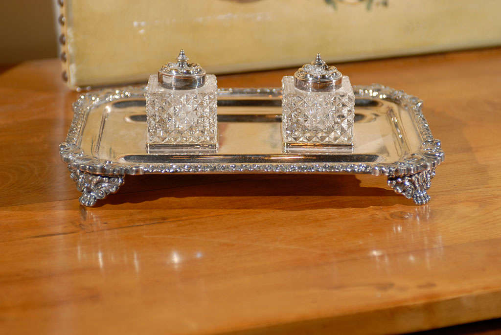 English Victorian Period 1890s Stamped Silver Inkstand with Crystal Inkwells 5