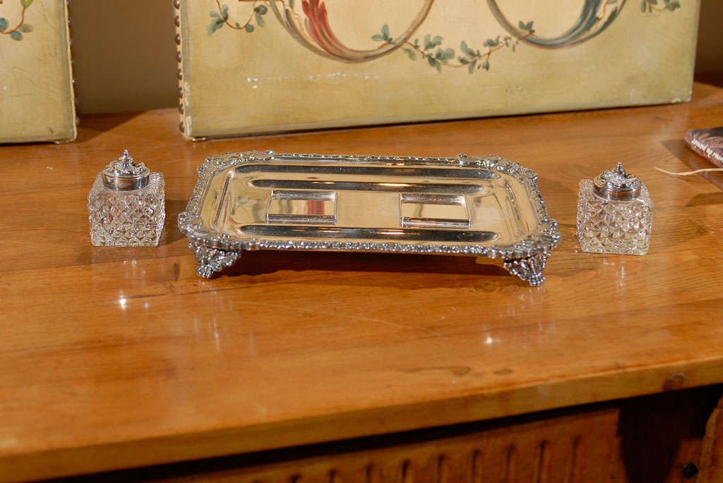 19th Century English Victorian Period 1890s Stamped Silver Inkstand with Crystal Inkwells For Sale