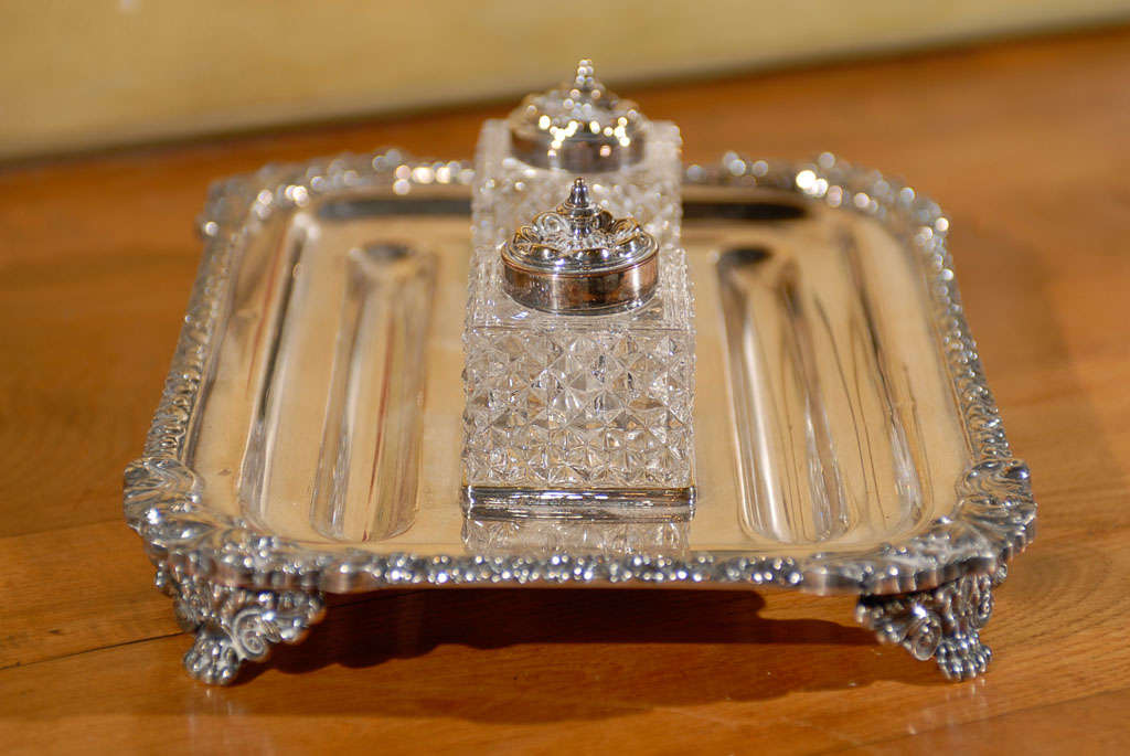English Victorian Period 1890s Stamped Silver Inkstand with Crystal Inkwells 1