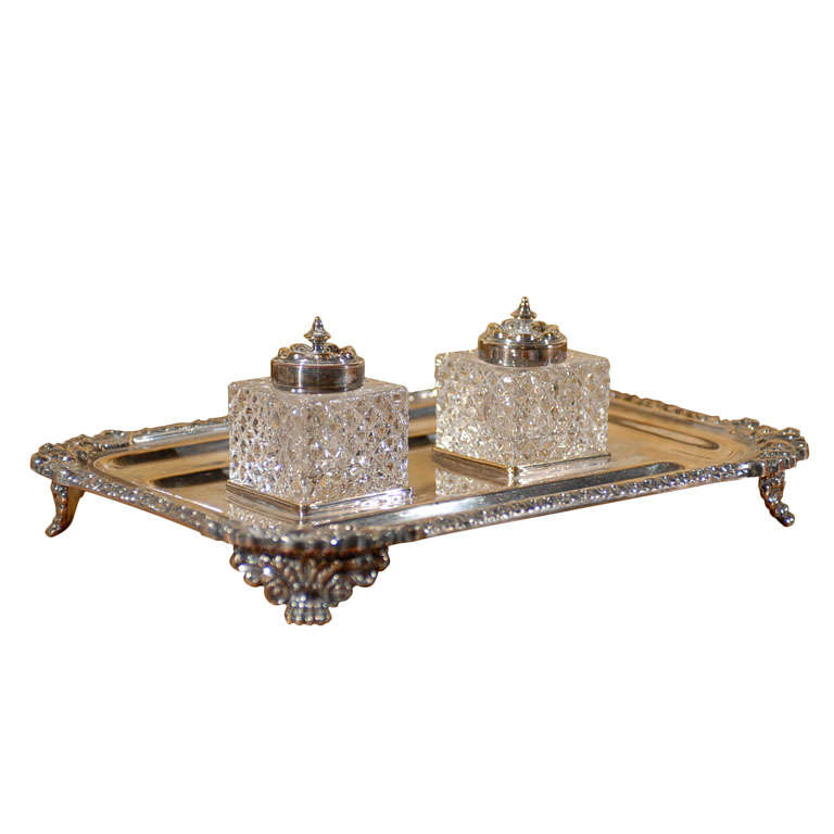 English Victorian Period 1890s Stamped Silver Inkstand with Crystal Inkwells