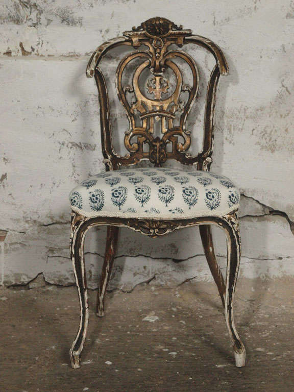 Introducing my newest treasure rescued from a little forgotten corner in an old Paris apartment ... A Louis XV chair with all her beautiful imperfections, gesso chipping and all, hints of her original gilding... c. 1860.  Although fully restored and