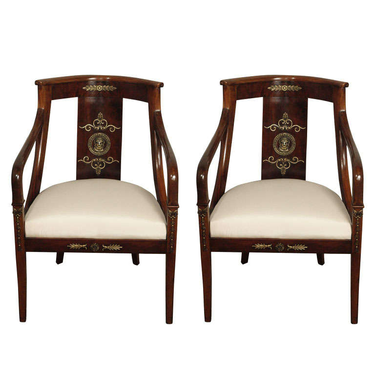 Extraordinary Pair of 19th c. Empire Walnut Armchairs