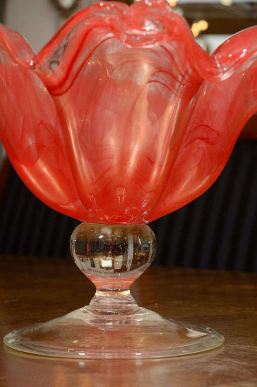 20th Century Exquisite Large Coral Red Murano Glass Footed Pedestal Bowl
