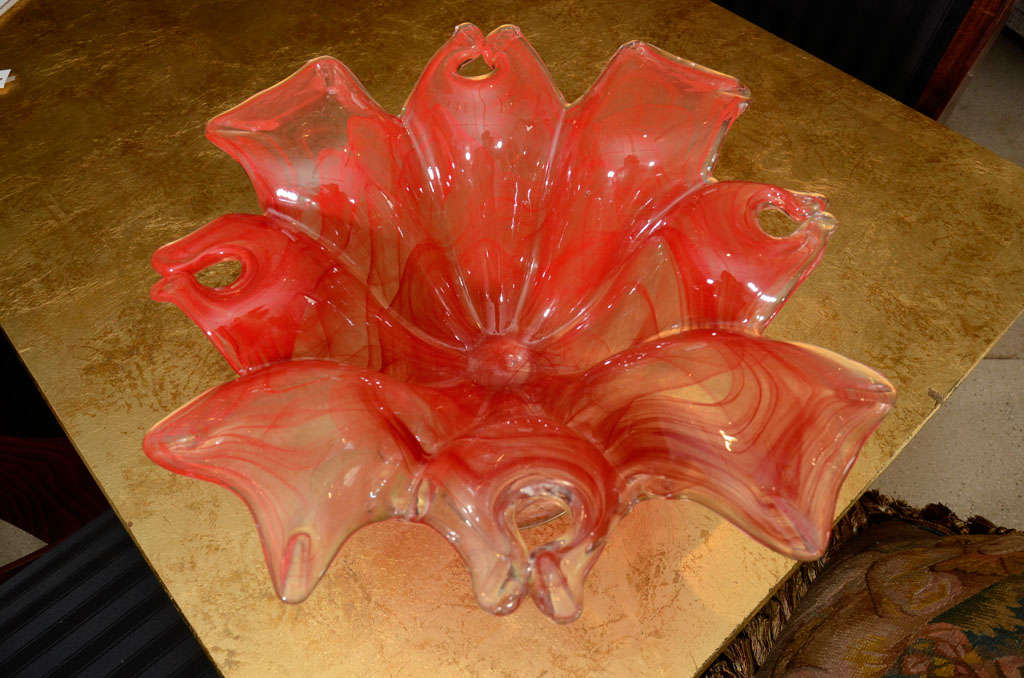 Exquisite Large Coral Red Murano Glass Footed Pedestal Bowl 1