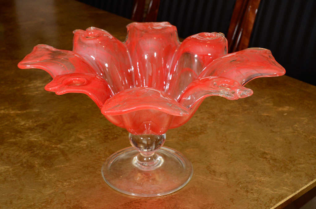 Exquisite Large Coral Red Murano Glass Footed Pedestal Bowl 4