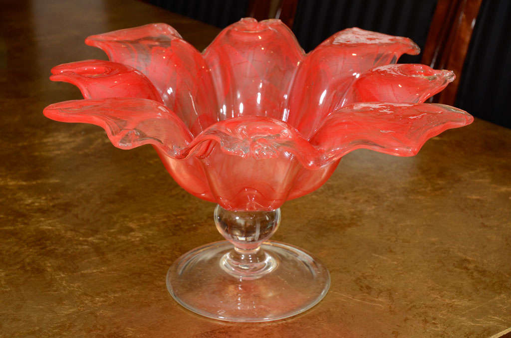 Exquisite Large Coral Red Murano Glass Footed Pedestal Bowl 6