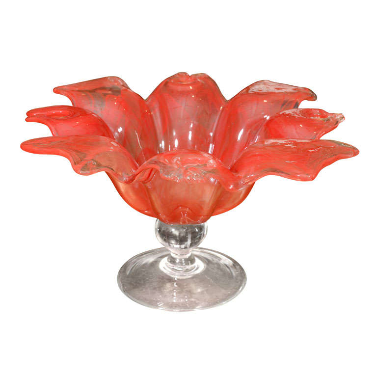 Exquisite Large Coral Red Murano Glass Footed Pedestal Bowl