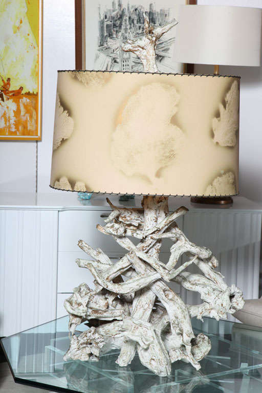 Large sculptural driftwood lamps, hand painted with gesso, with the original shades and finals . Great irregular shape. One lamp is slightly smaller than other, same height but 24x15.<br />
The size of the lampshades is.<br />
Height: 15<br