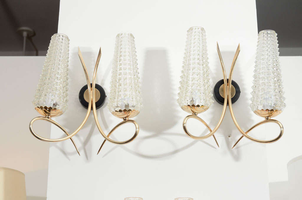Pair of French Glass & Brass Sconces by VV
