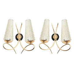 Pair of French Glass & Brass Sconces by VV