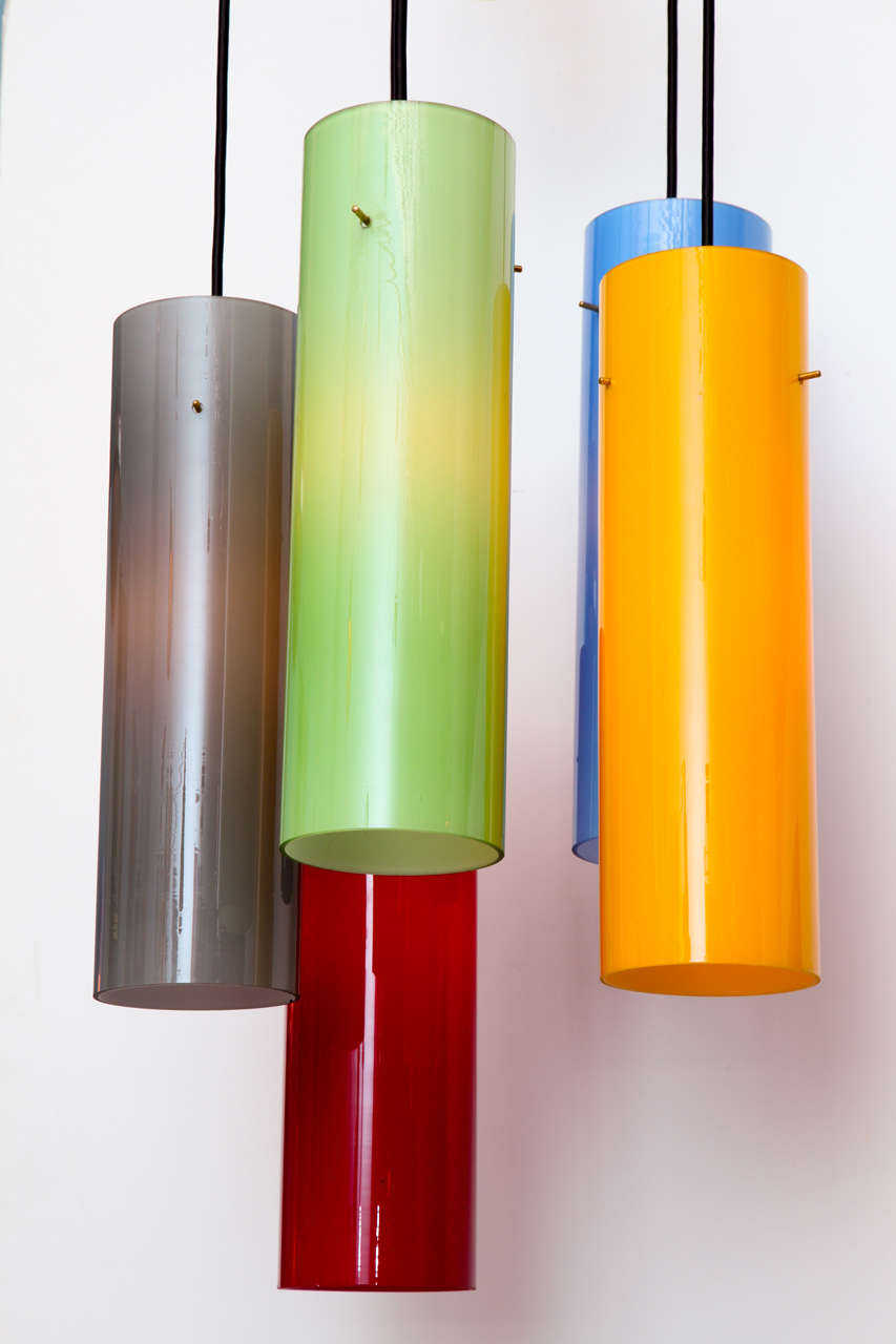 Five-Light Multi-Color Glass and Brass Hanging Fixture In Excellent Condition In New York, NY