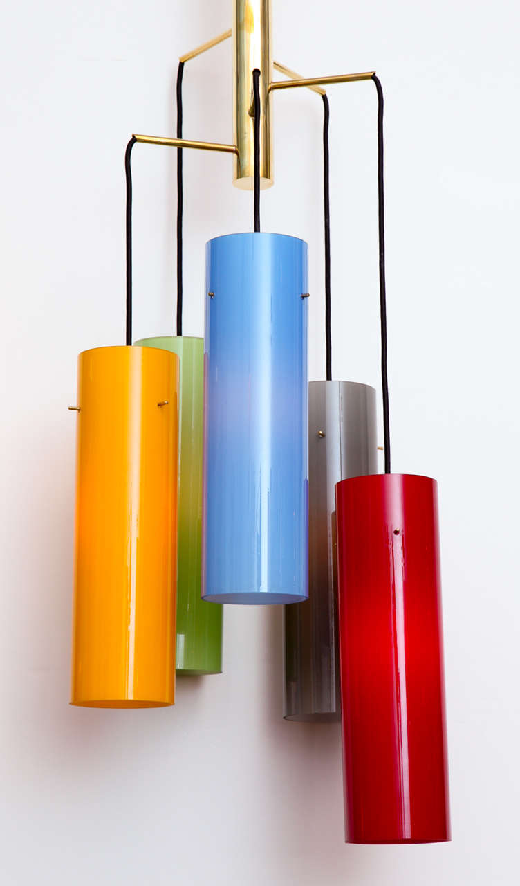 Mid-20th Century Five-Light Multi-Color Glass and Brass Hanging Fixture