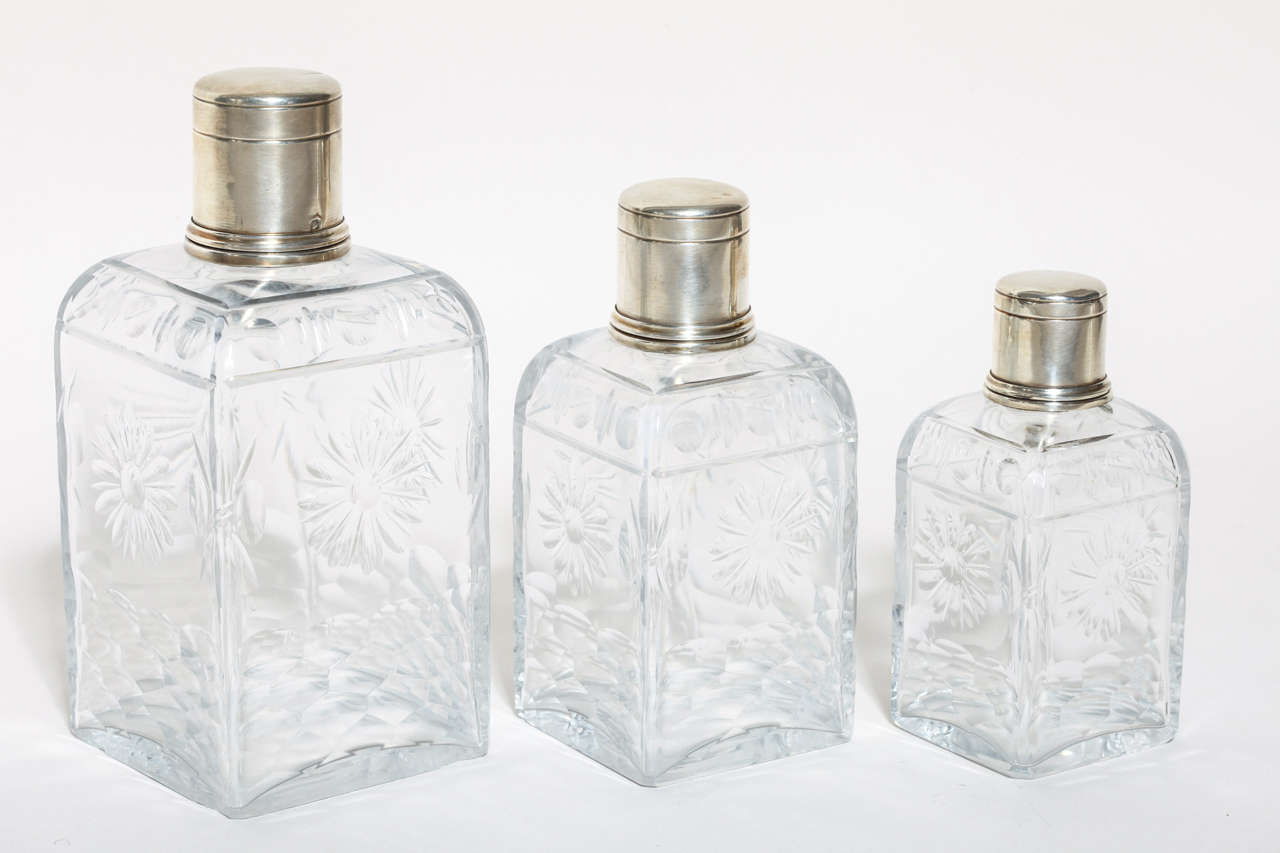 Art Deco Set of 3 Crystal & Silver Flacons by Baccarat & Bardies-Faure & Cie