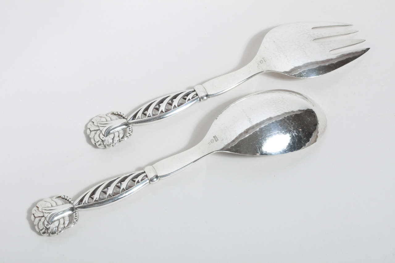 20th Century Georg Jensen Danish Sterling Silver Spoon and Fork Salad Servers #83 For Sale