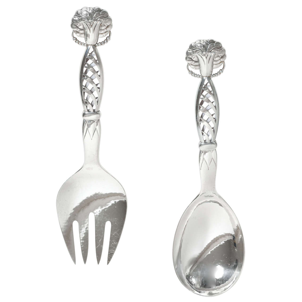 Georg Jensen Danish Sterling Silver Spoon and Fork Salad Servers #83 For Sale