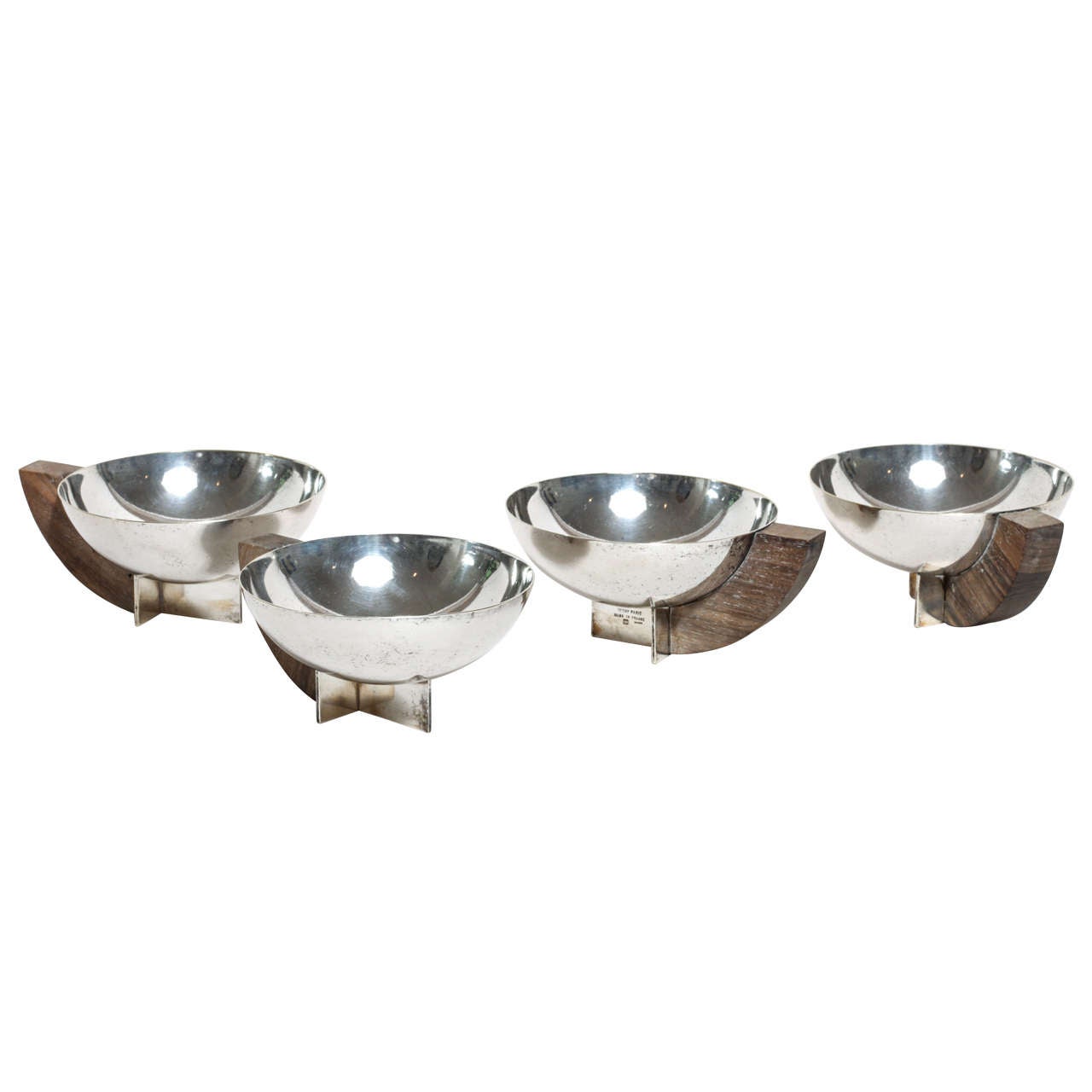 Maison Desny French Art Deco Set of Four Silvered Metal Cups with Wood Handles For Sale
