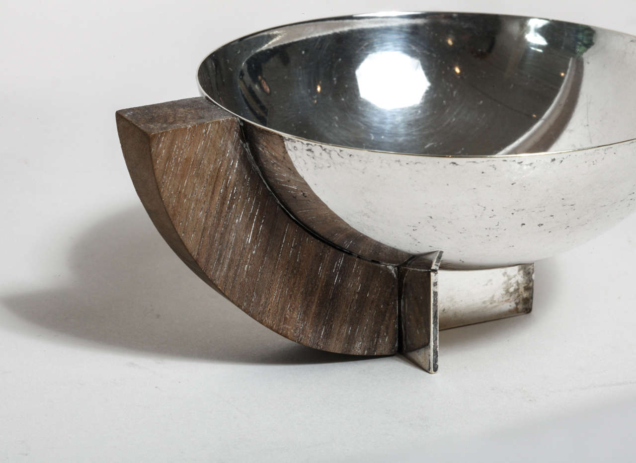 Maison Desny French Art Deco Set of Four Silvered Metal Cups with Wood