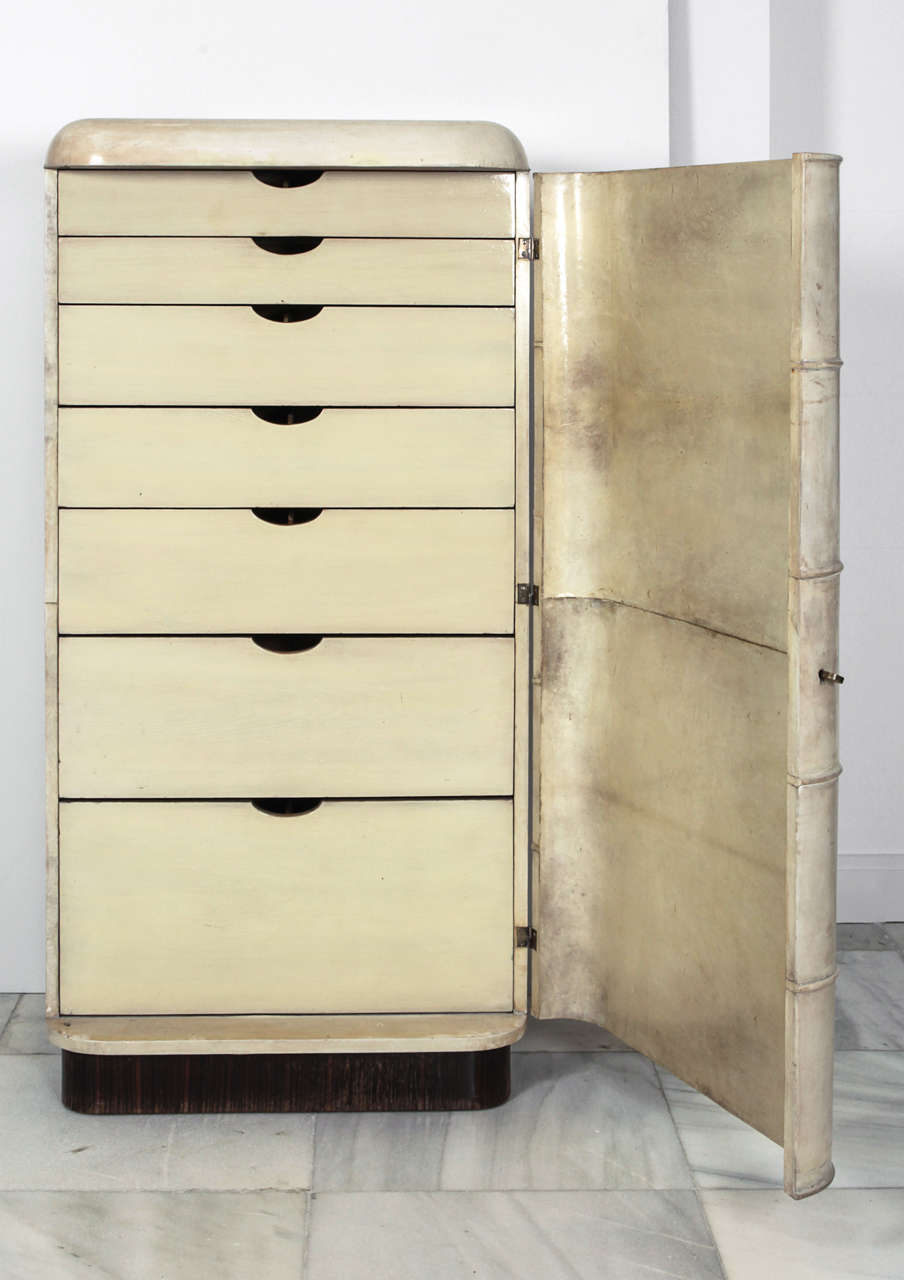 Wood Rare Art Deco Parchment Semainier Cabinet by Jacques Adnet, French, 1930s For Sale