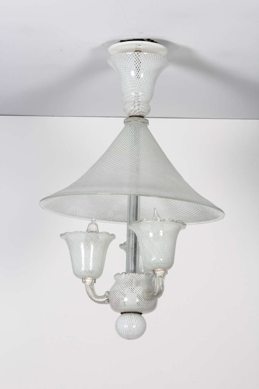 Gorgeous petite Venini Murano glass chandelier with a white on white lattice pattern. Perfect for a powder room or vestibule.