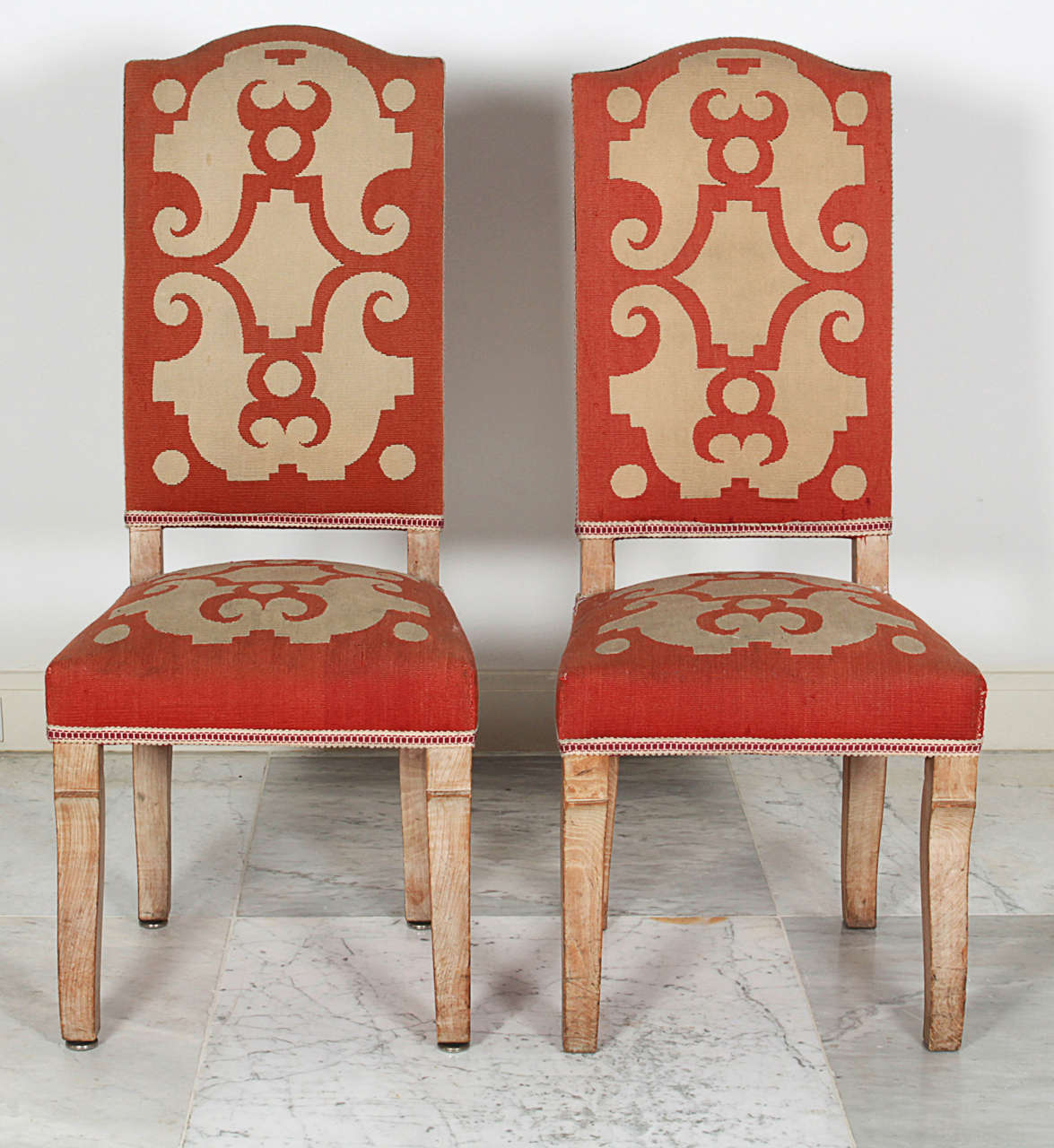 Pair of limed oak tall back chairs covered with their original 