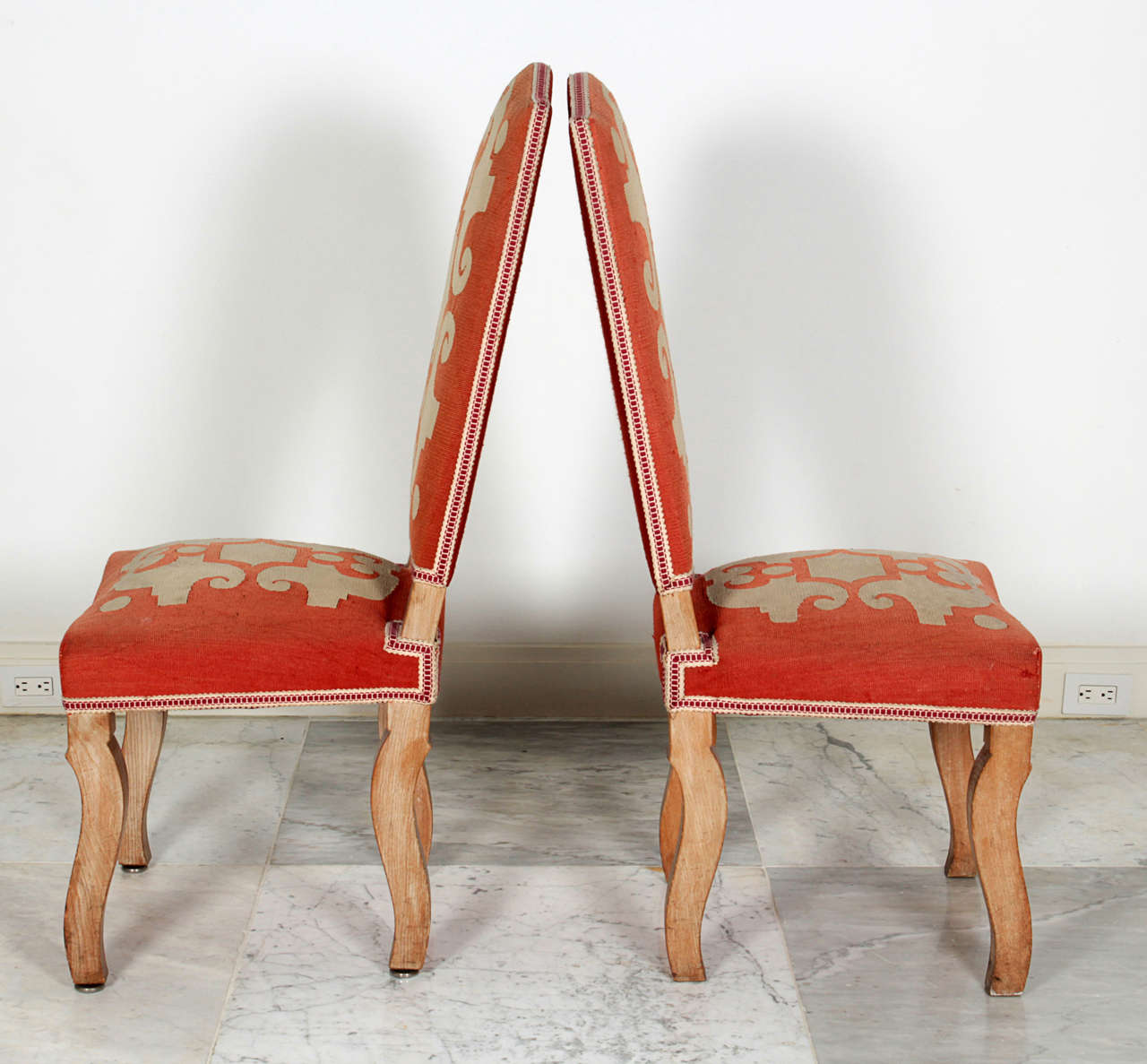 French Pair of Felix Davin Side Chairs in Limed Oak and Original Aubusson Tapestry For Sale