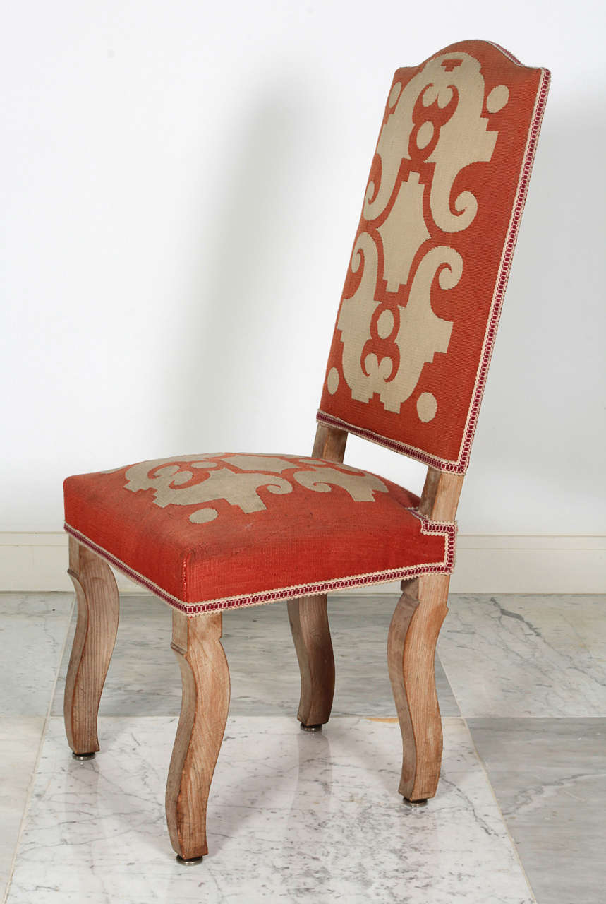 Pair of Felix Davin Side Chairs in Limed Oak and Original Aubusson Tapestry For Sale 1