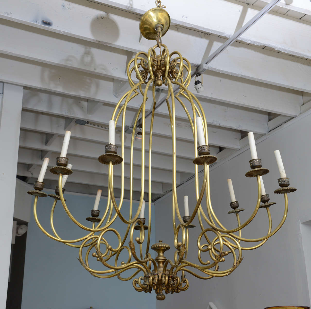 1940s Monumental Hollywood Regency Vintage Brass Bird Cage Chandelier
