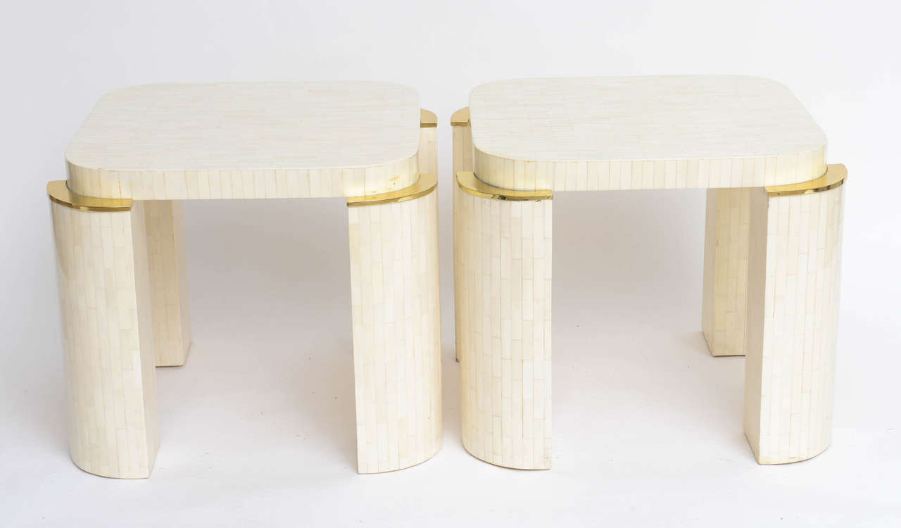 Pair of Bone Tile Inlay Side Tables with Brass Corners
