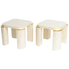 Pair of Bone Tile Inlay Side Tables with Brass Corners