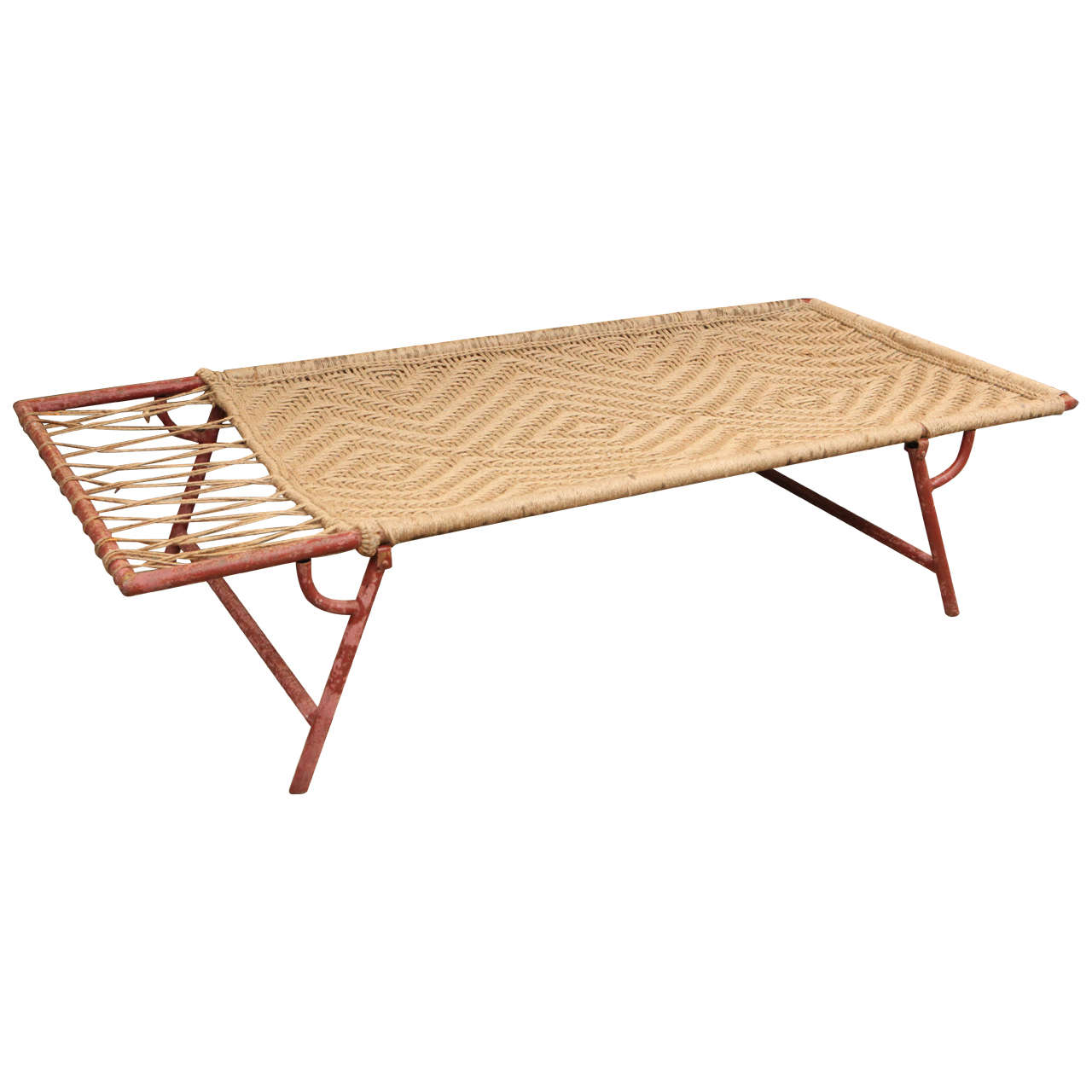 Folding Painted Metal Garden Lounge Daybed with Original Woven Hemp at