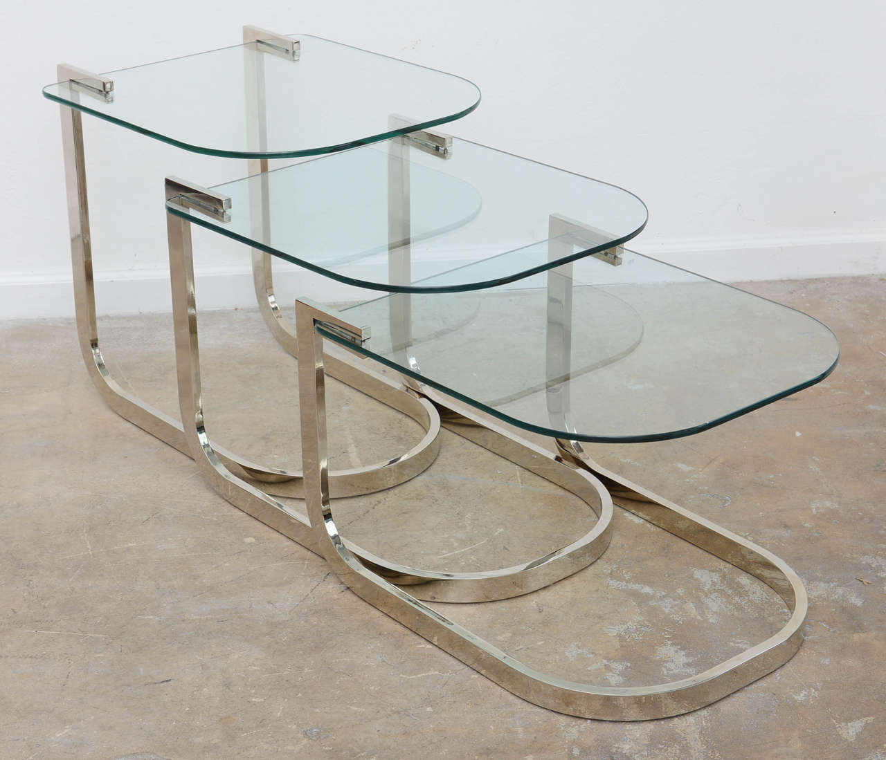 20th Century Mid Century Modern DIA Cantilevered Set of Nesting Side Glass and Nikel Tables