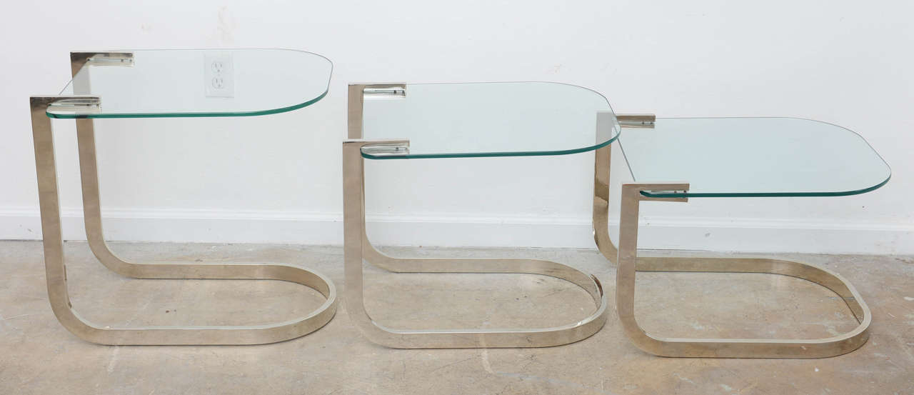 Mid Century Modern DIA Cantilevered Set of Nesting Side Glass and Nikel Tables 1