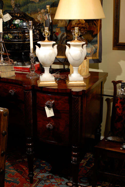 Pair Alabaster Urns Adapted as Lamps with Oxidized Gold Bases