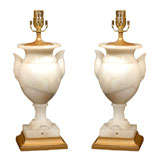 Pair Alabaster Urns Adapted as Lamps with Oxidized Gold Bases