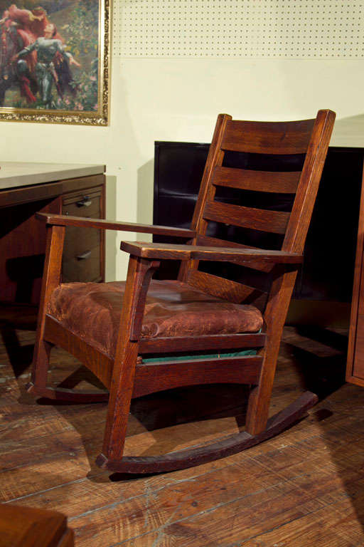 OAK WOOD ROCKING CHAIR BY L&G STICKLEY- LEATHER SEAT-- WOODEN ARMS- MADE IN UPSTATE NEW YORK IN 1904