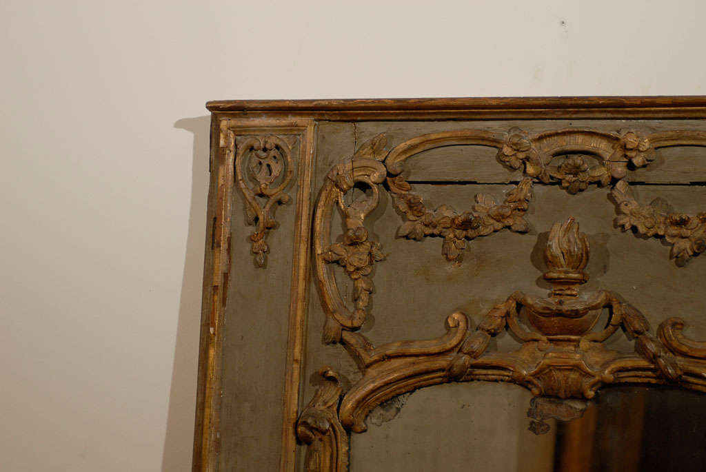 18th Century and Earlier French 18th Century Painted and Gilt Trumeau Mirror with Carved Scrolled Decor