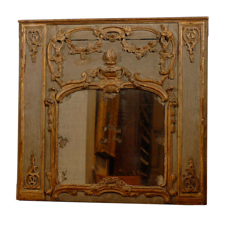 French 18th Century Painted and Gilt Trumeau Mirror with Carved Scrolled Decor