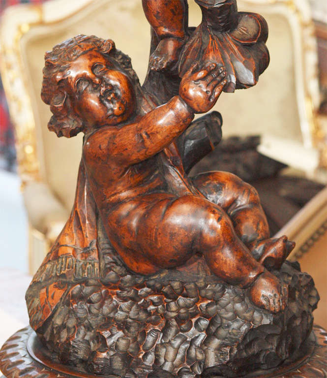 Italian Carved Walnut Stand With Three Putti For Sale 2