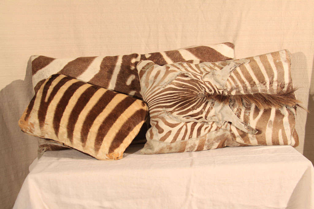 A three-piece set of pillows with zebra-hide coverings.  Wonderful natural pattern, warm color and incredibly soft.
