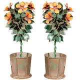 Pair of Tole Painted Flower Pots  with Orange Pansies