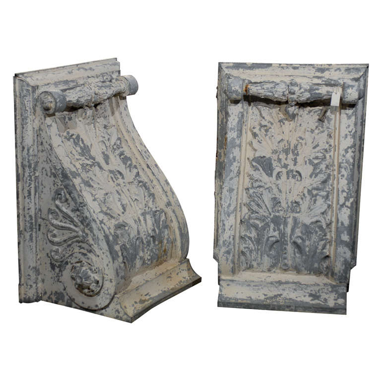 Pair of Large Size Turn of the Century Zinc Decorative Corbels with Volute