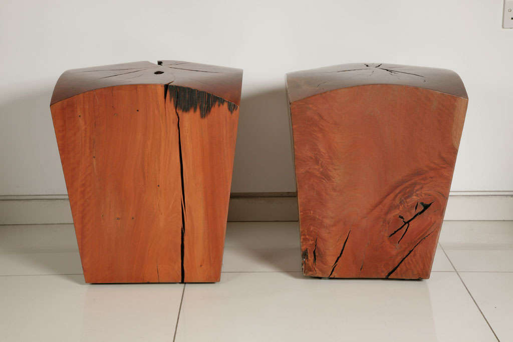 Solid wood stools on casters by Brazilian designer Pedro Petry.