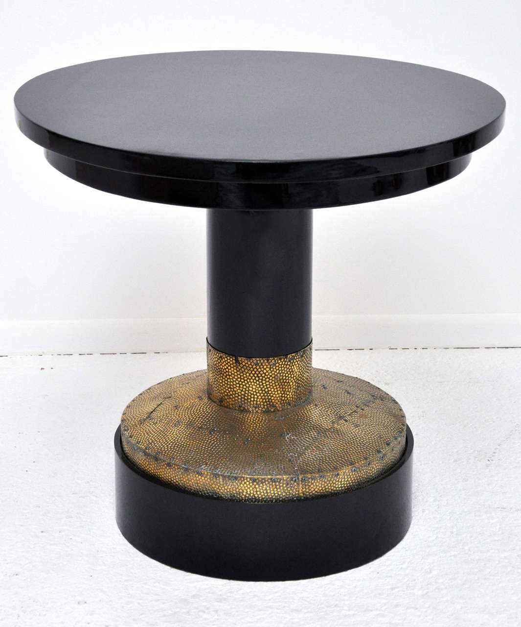 Original table is antique. Black lacquer base was recently fabricated to stabilize table and lacquer finish has been restored.