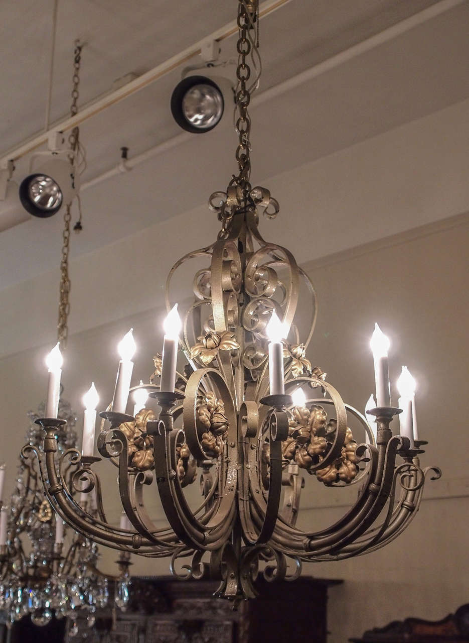 Antique French 12 Light Polished Steel Chandelier circa 1920 In Excellent Condition In New Orleans, LA